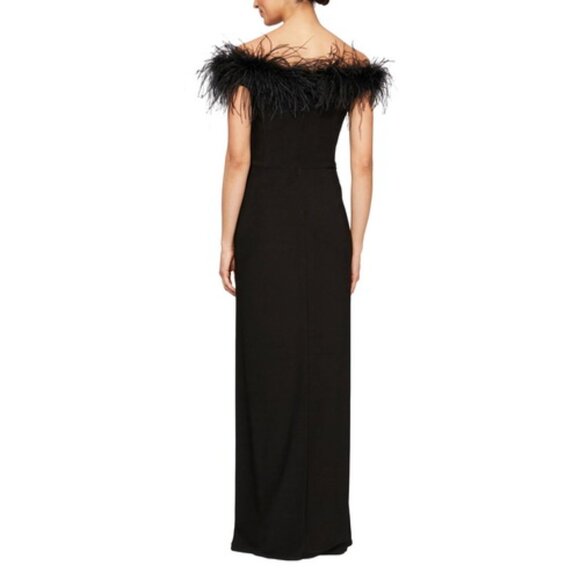 Alex Evenings Black Feather Trimmed Off the Shoulder Gown - Picture 2 of 2